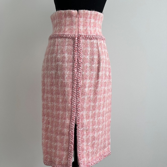 Chanel 2pc Pink Gold Button-Up Tweed Woven Trim Jacket Skirt Suit Set - Picture 8 of 11